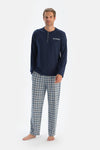 Indigo Patlı Fleto Cepli Ekose Pantolonlu Pijama Takımı