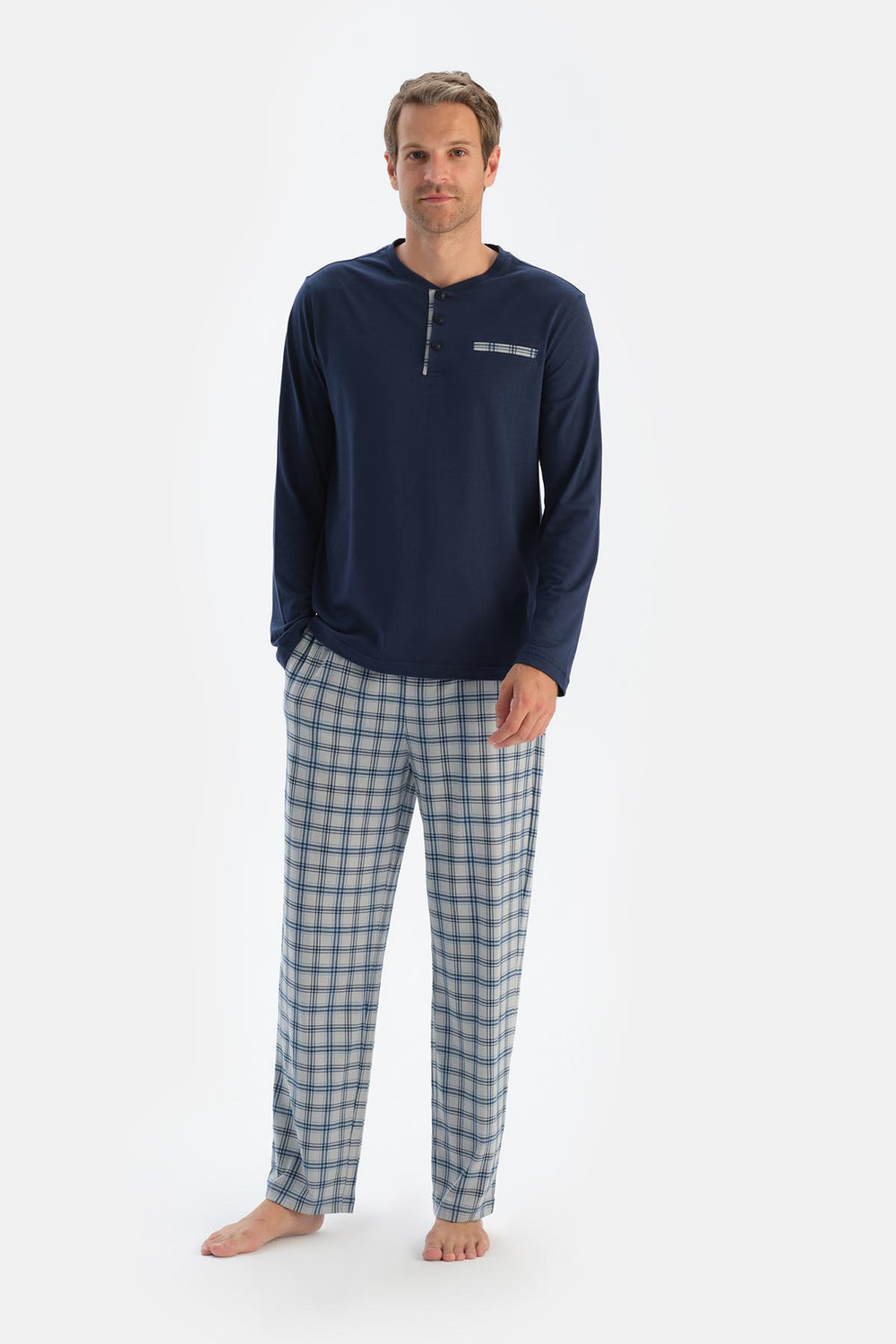 Indigo Patlı Fleto Cepli Ekose Pantolonlu Pijama Takımı