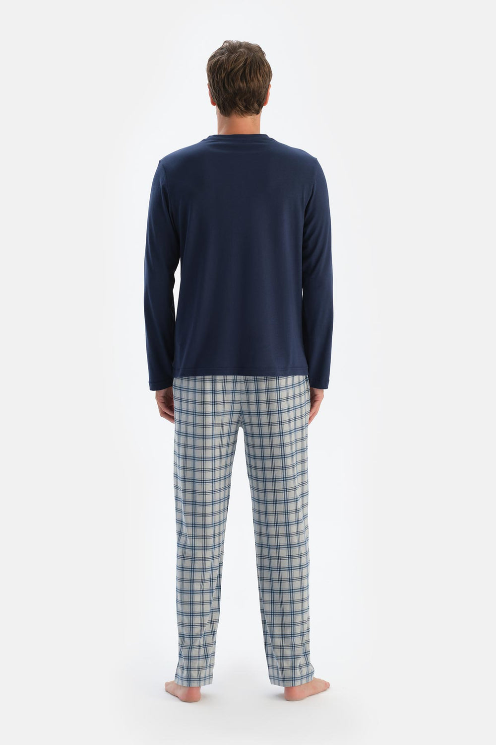 Indigo Patlı Fleto Cepli Ekose Pantolonlu Pijama Takımı