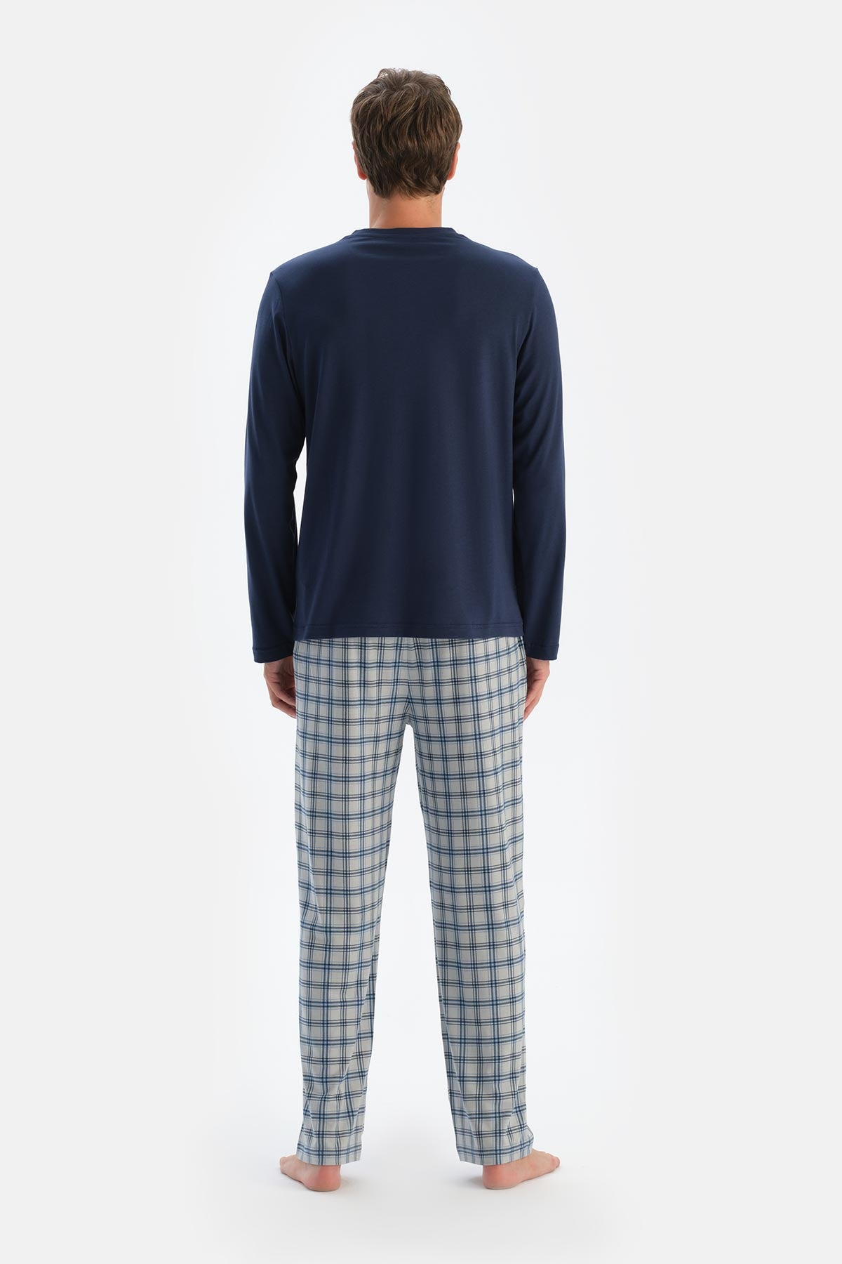 Indigo Patlı Fleto Cepli Ekose Pantolonlu Pijama Takımı