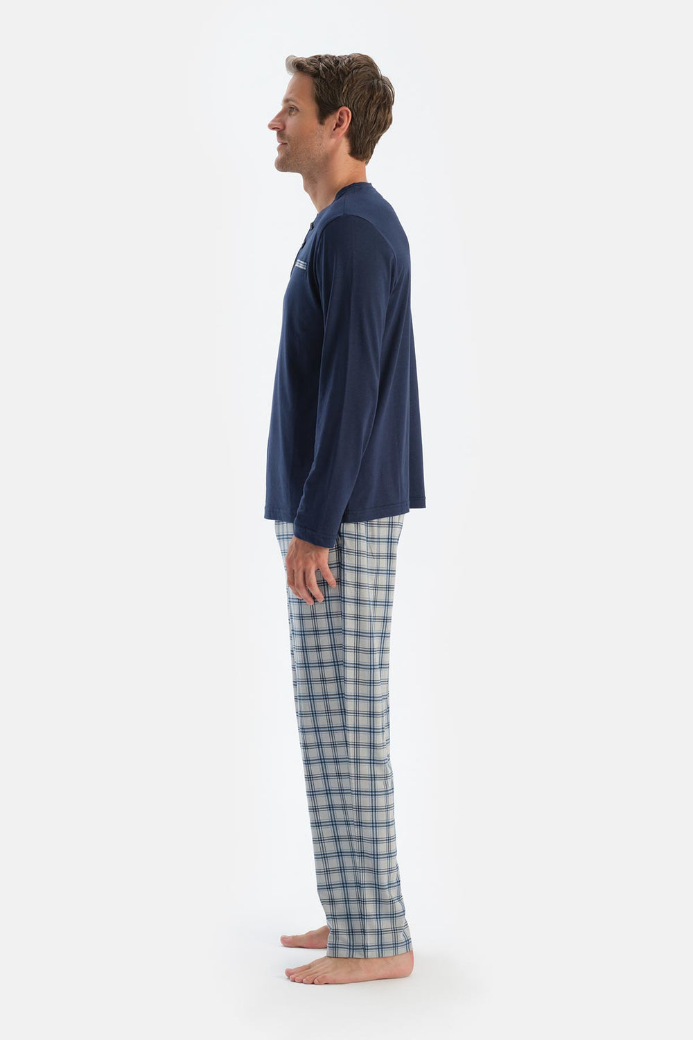 Indigo Patlı Fleto Cepli Ekose Pantolonlu Pijama Takımı
