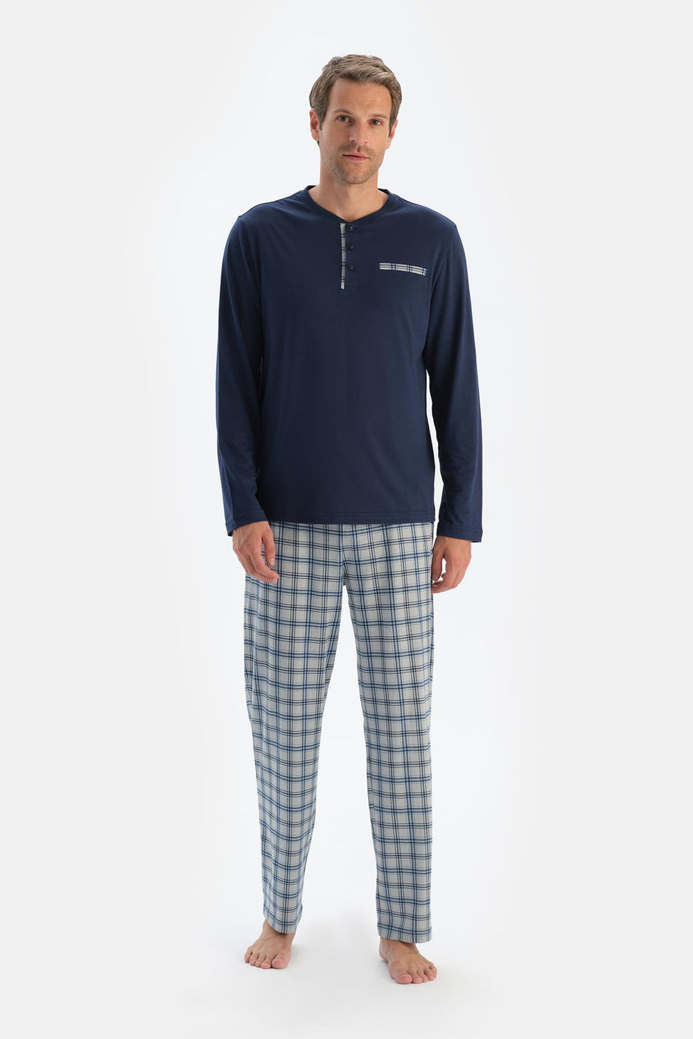 Indigo Patlı Fleto Cepli Ekose Pantolonlu Pijama Takımı