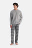Gri Melanj Bisiklet Yaka Uzun Kollu Ekose Pantolonlu Pijama Takımı