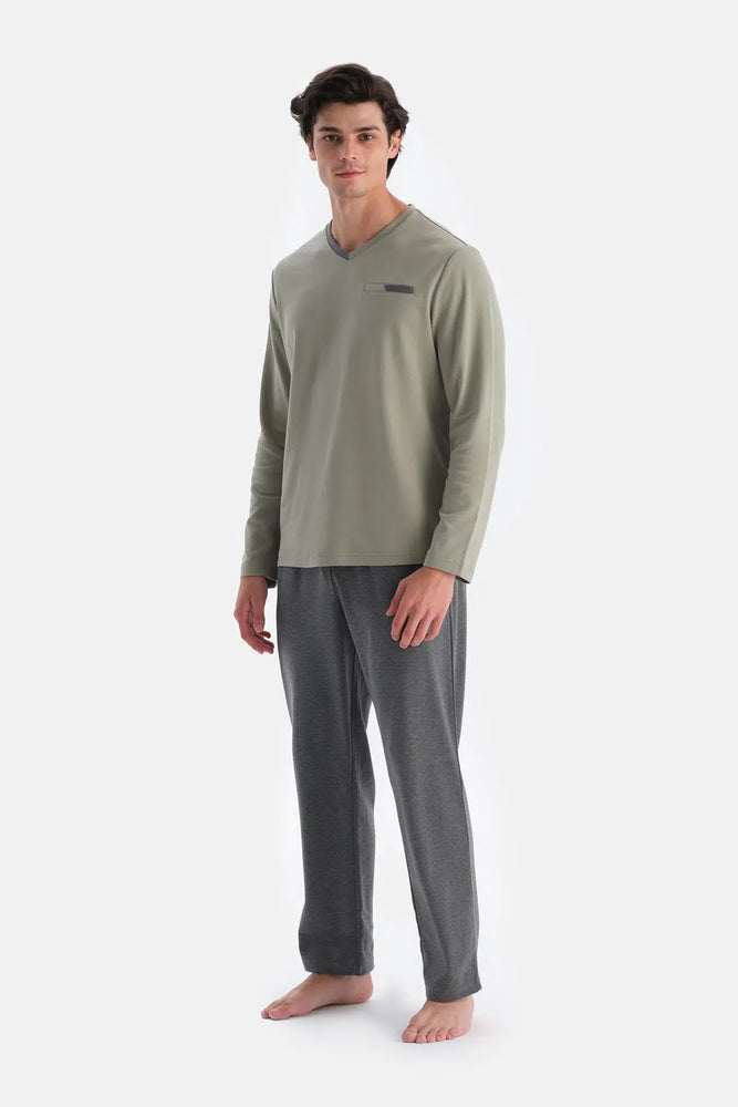 Açık Yeşil V Yaka Uzun Kollu Interlok Pijama Takımı