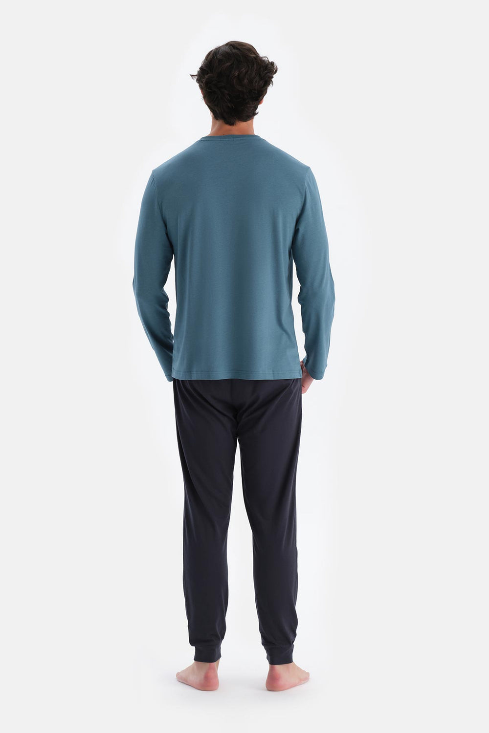 Mavi Yarım Patlı Uzun Kollu Jogger Pantolonlu Pijama Takımı