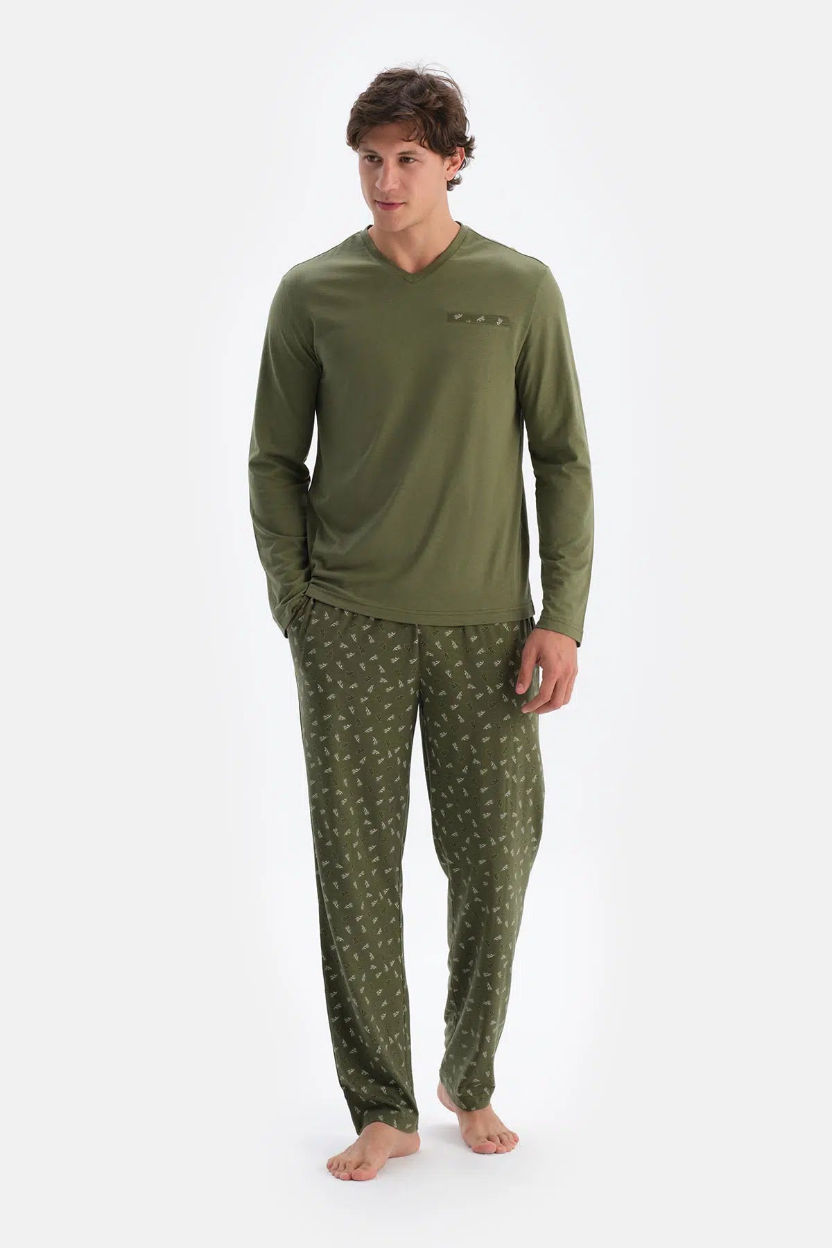Haki V Yaka Penye Modal Tişört Pantolon Pijama Takımı