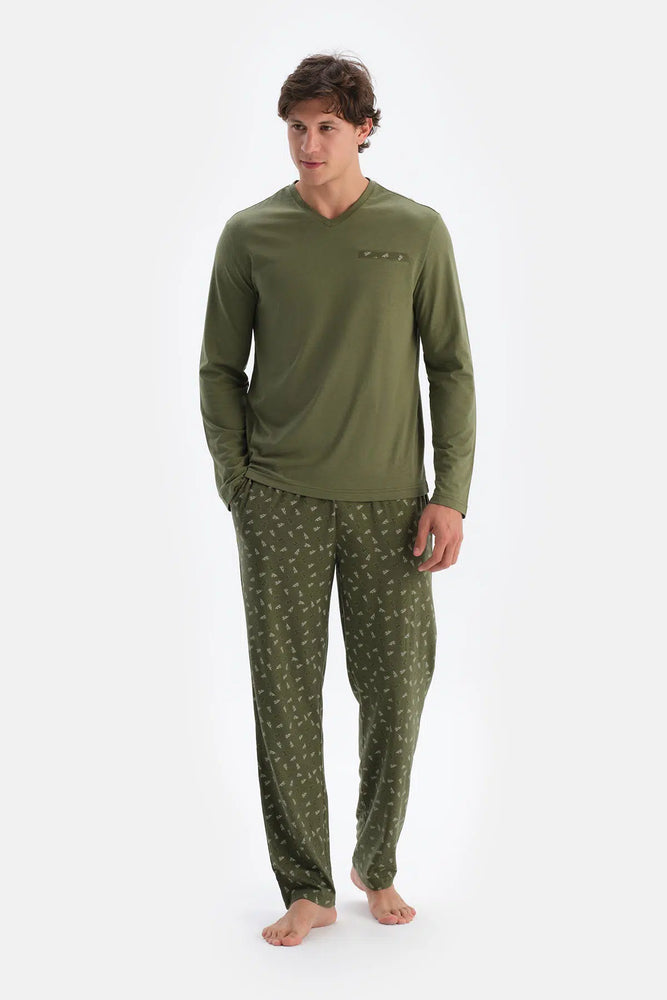 Haki V Yaka Penye Modal Tişört Pantolon Pijama Takımı