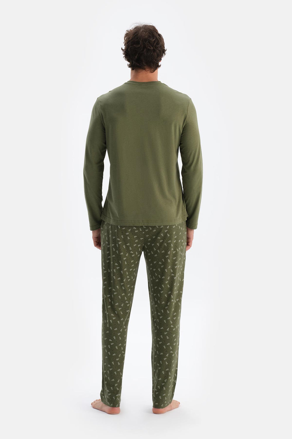 Haki V Yaka Penye Modal Tişört Pantolon Pijama Takımı