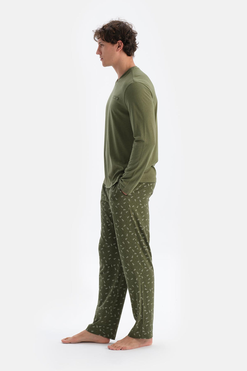 Haki V Yaka Penye Modal Tişört Pantolon Pijama Takımı