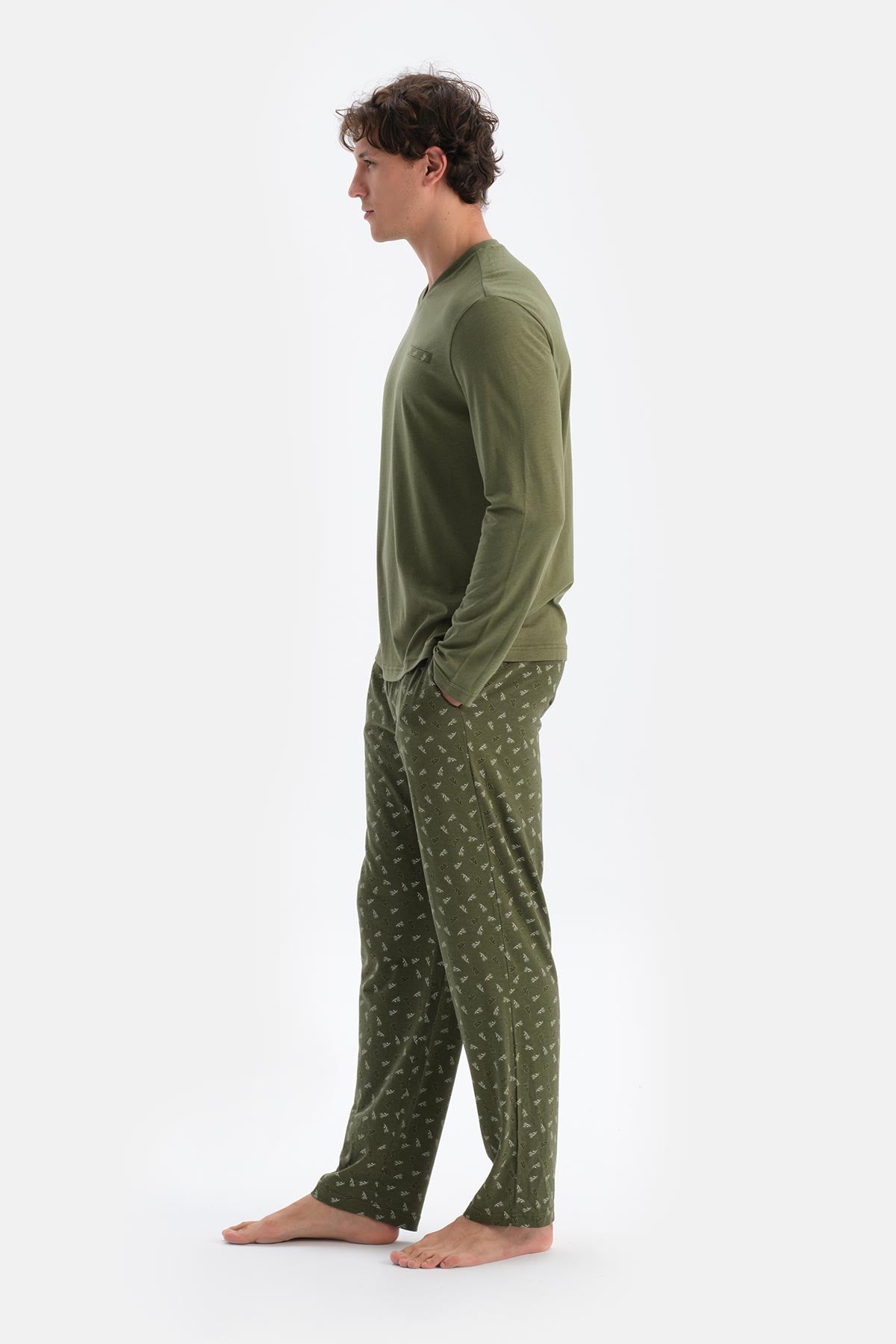 Haki V Yaka Penye Modal Tişört Pantolon Pijama Takımı