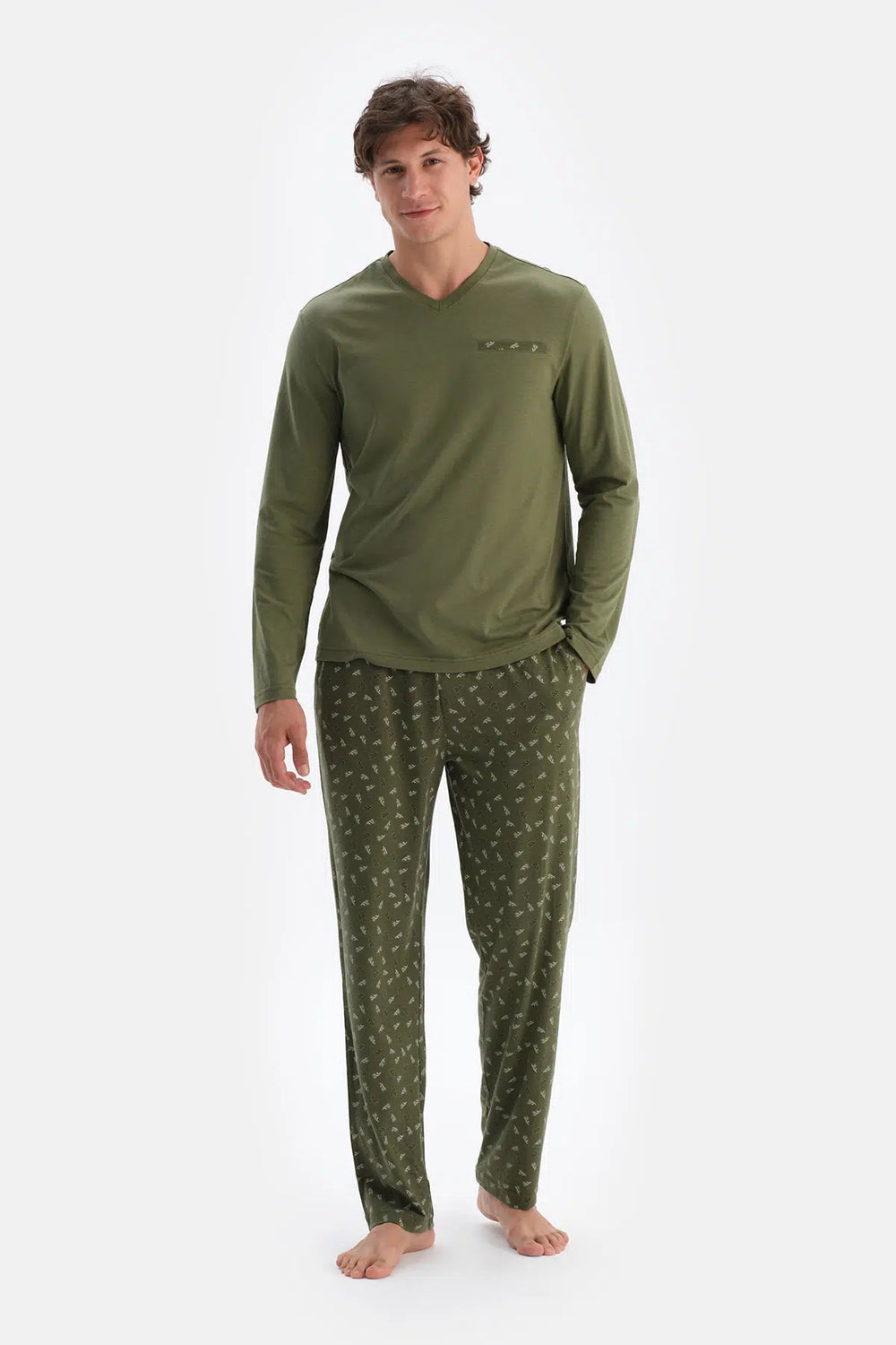 Haki V Yaka Penye Modal Tişört Pantolon Pijama Takımı