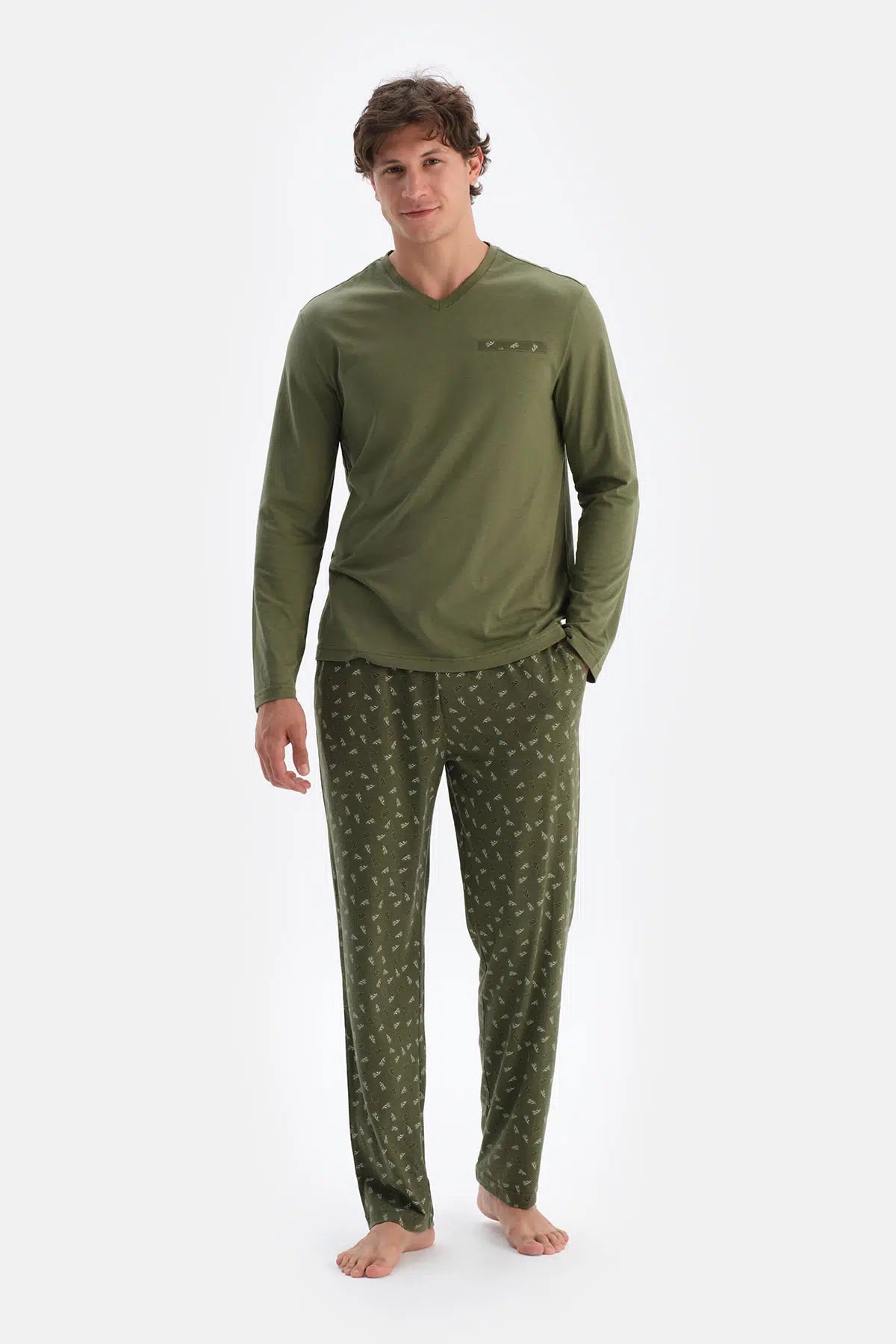 Haki V Yaka Penye Modal Tişört Pantolon Pijama Takımı