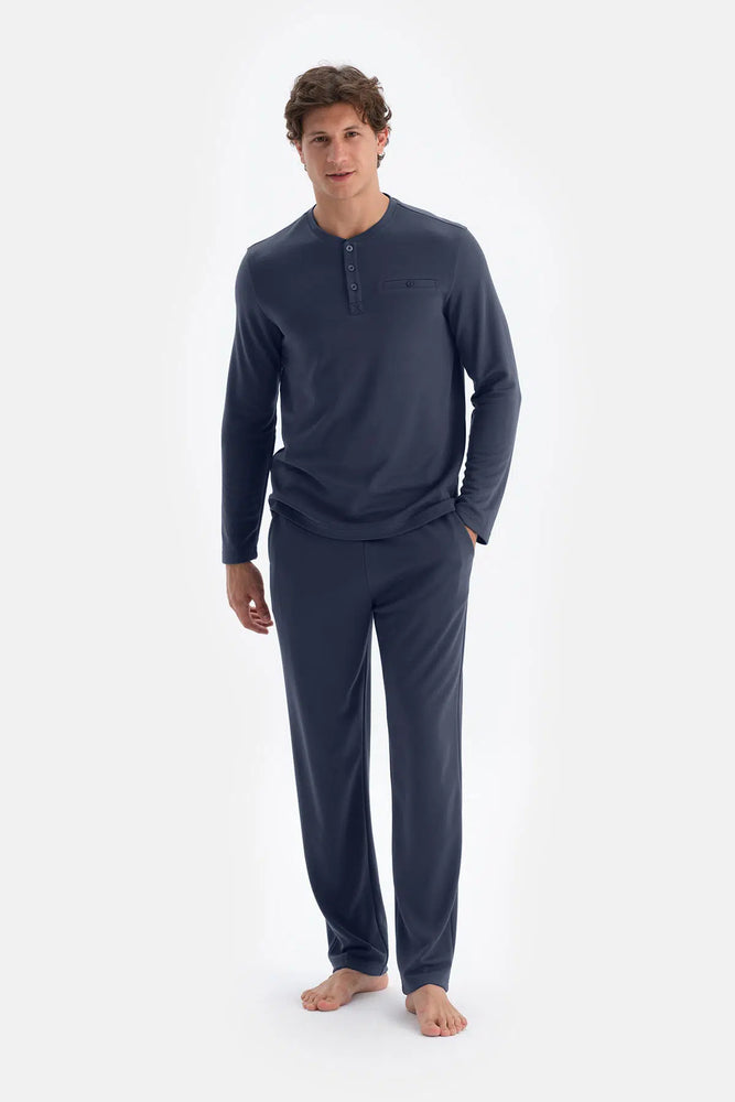 Lacivert Yarım Patlı Uzun Kollu Tişört Pantolon Pijama Takımı