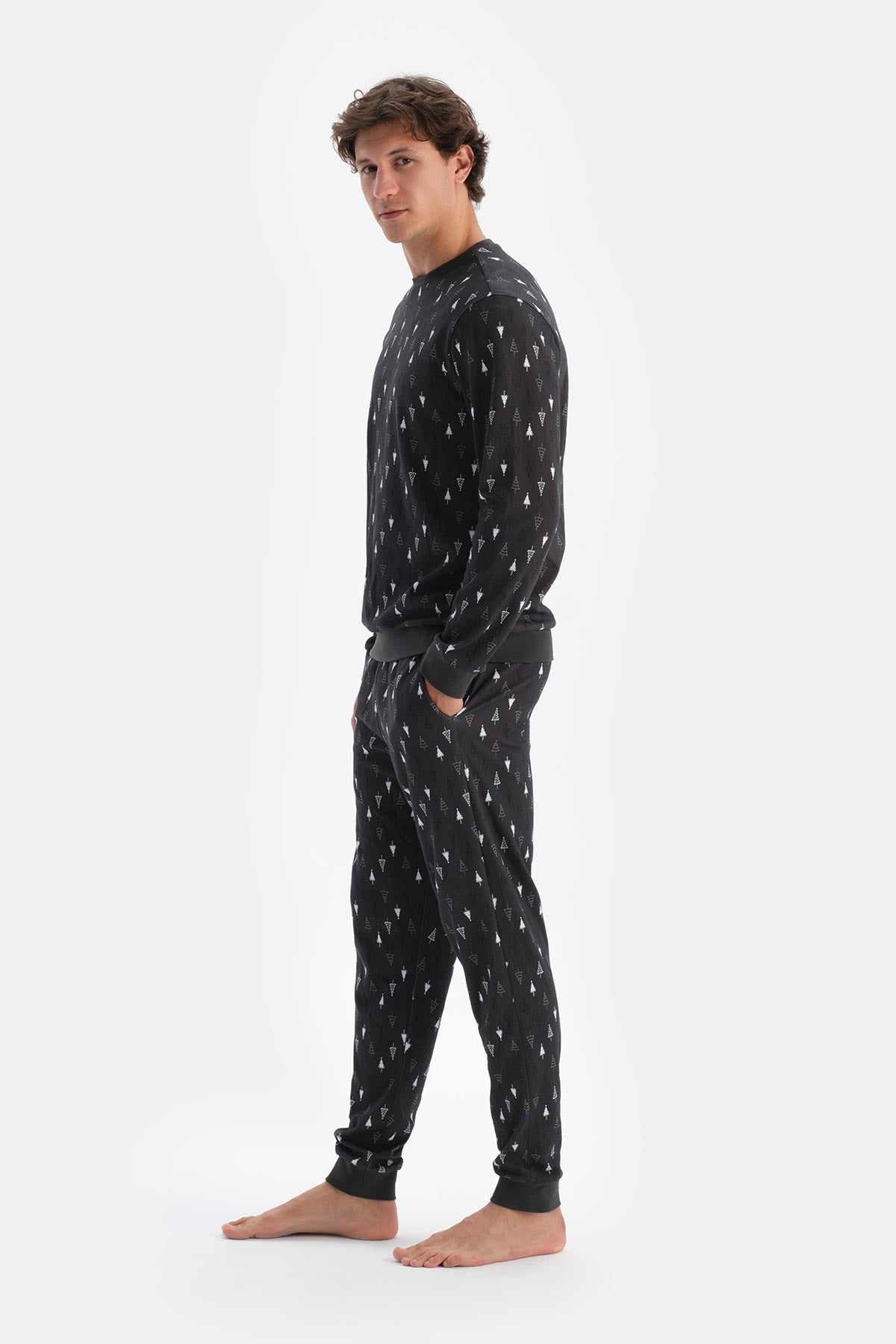 Antrasıt Metraj Desenli Ipek Apre Interlok Pijama Takımı