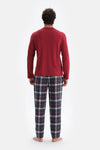 Bordo Yarım Patlı Uzun Kollu Ekose Pantolonlu Pijama Takımı