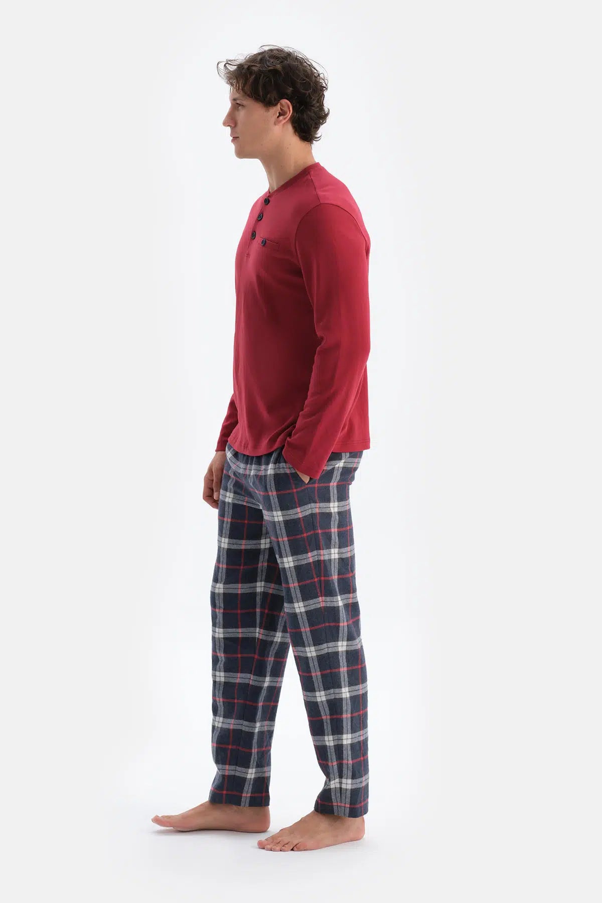 Bordo Yarım Patlı Uzun Kollu Ekose Pantolonlu Pijama Takımı