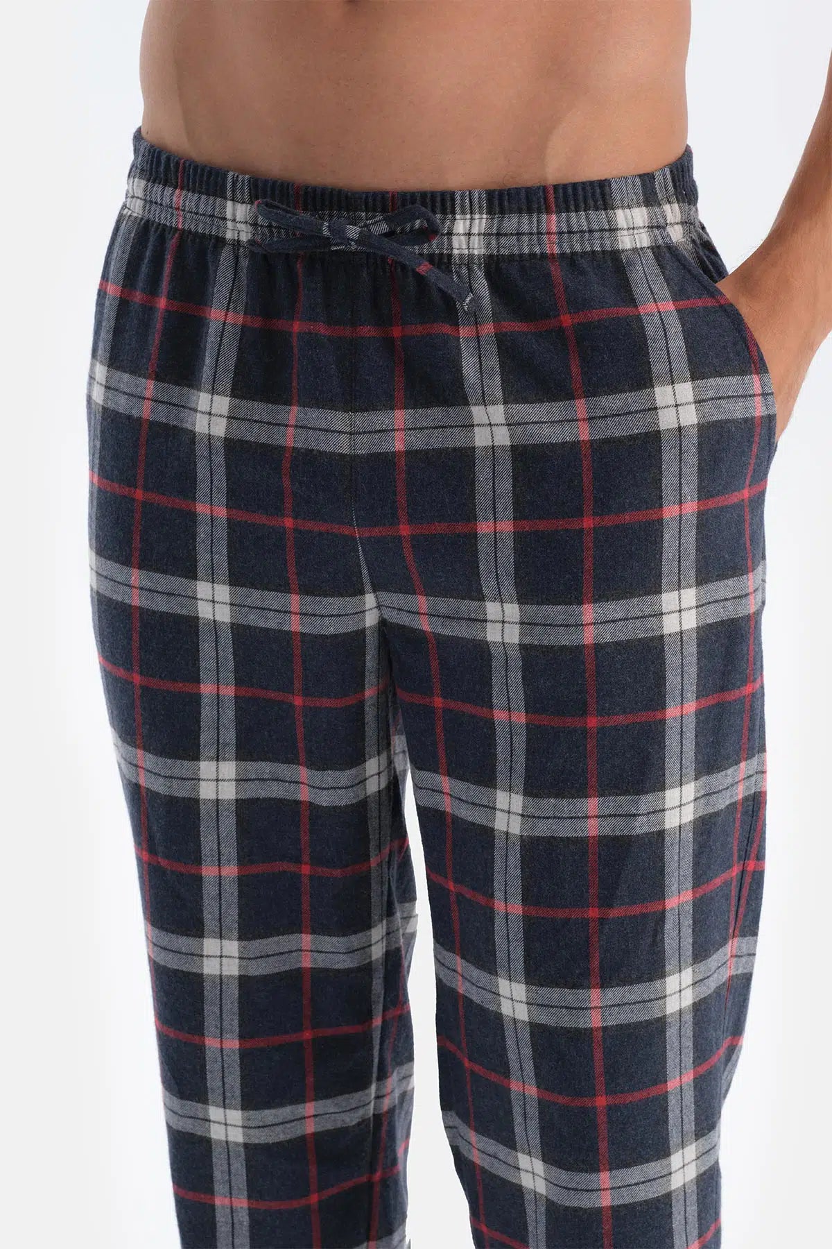 Bordo Yarım Patlı Uzun Kollu Ekose Pantolonlu Pijama Takımı