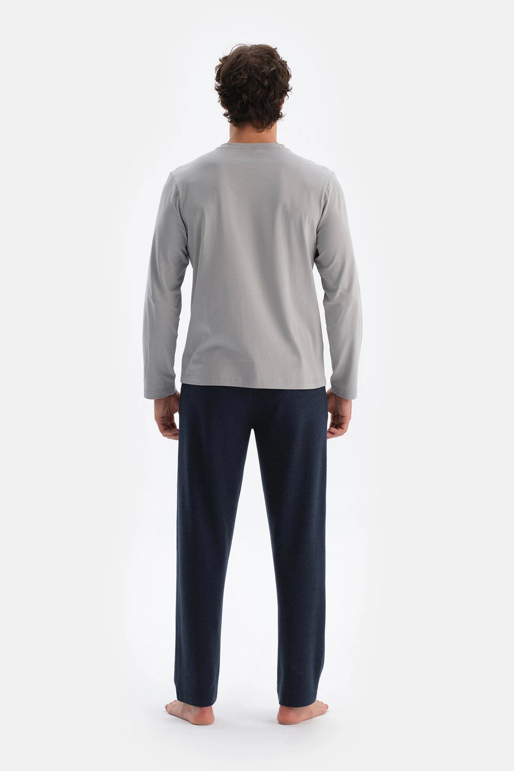 Gri Bisiklet Yaka Pamuk Pijama Üstü