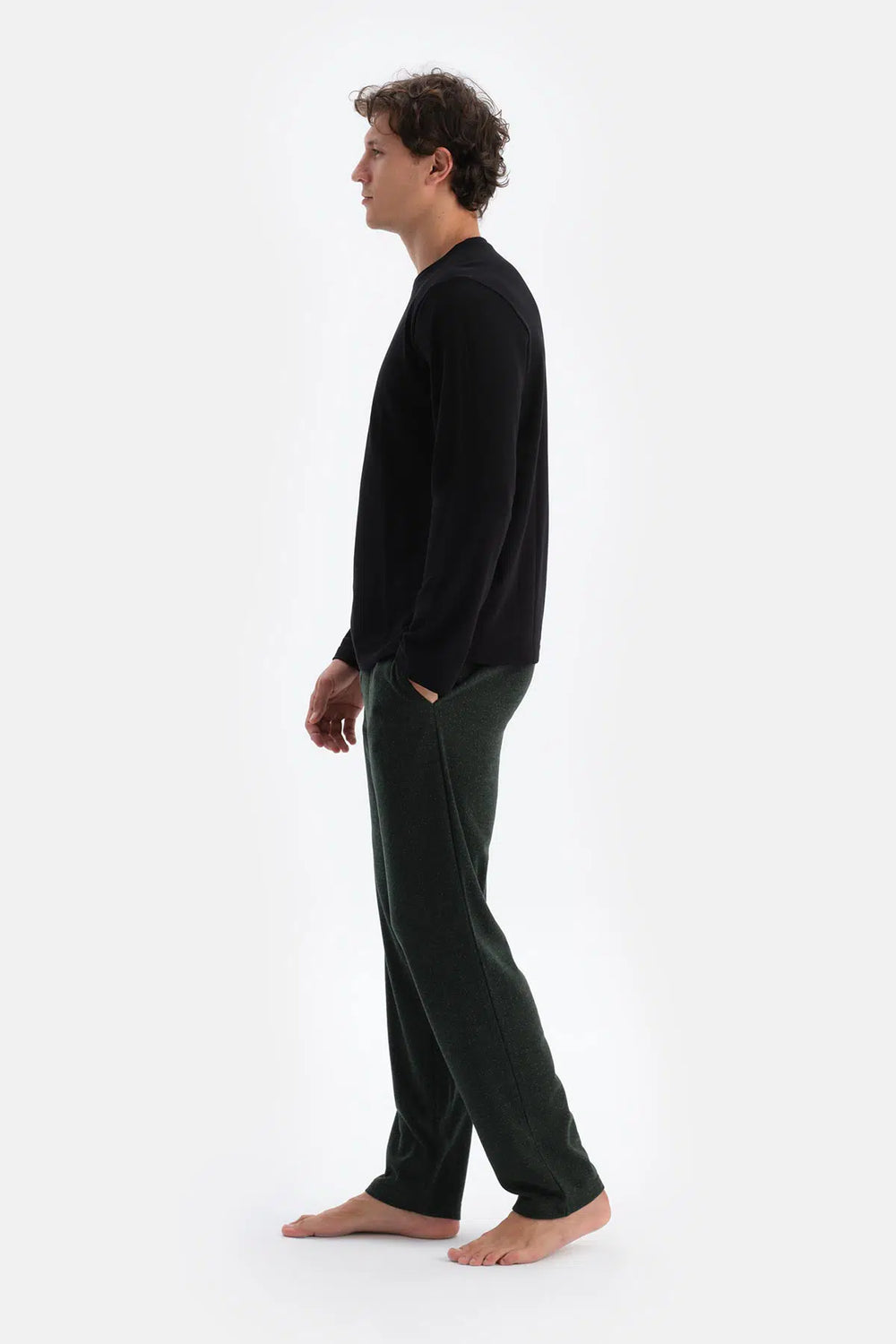 Siyah Bisiklet Yaka Pamuk Pijama Üstü