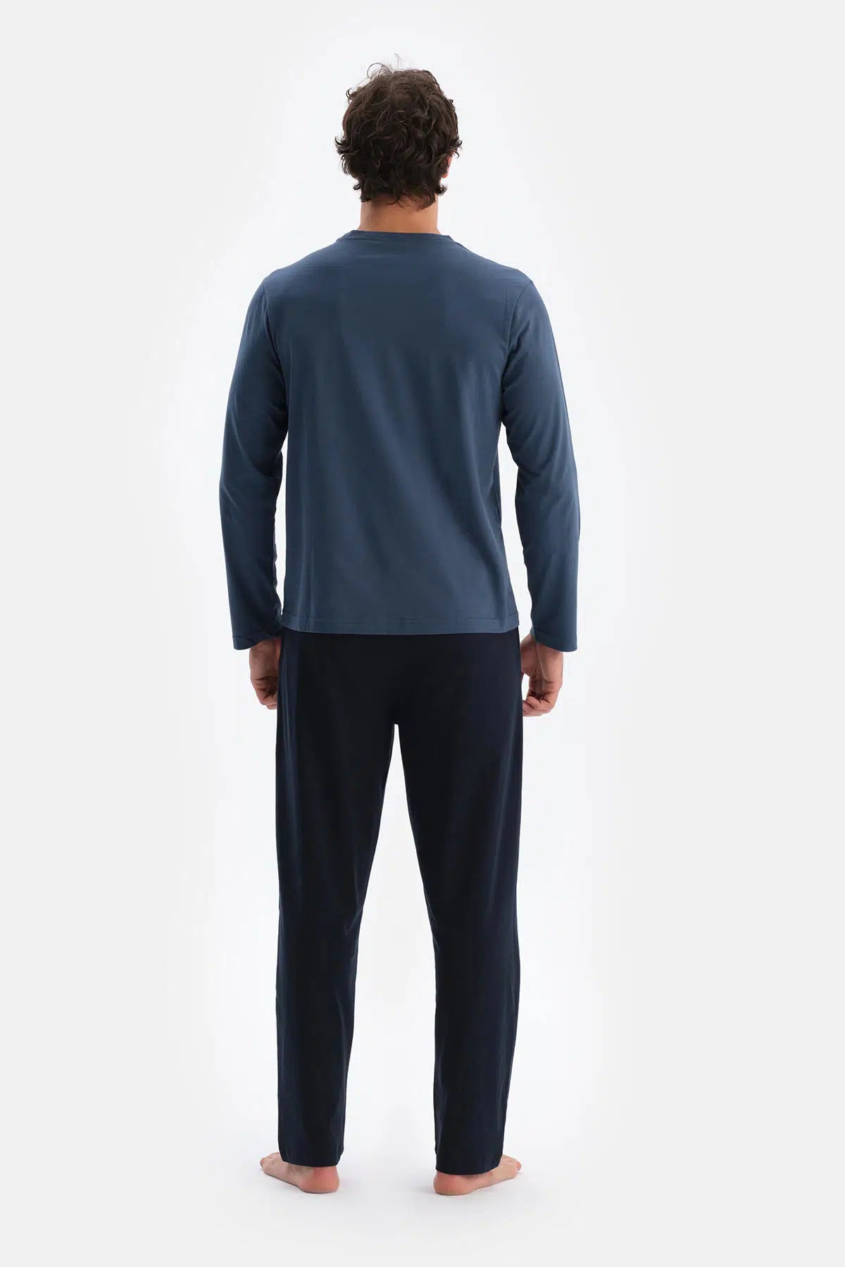 Koyu Indigo Bisiklet Yaka Pamuk Pijama Üstü