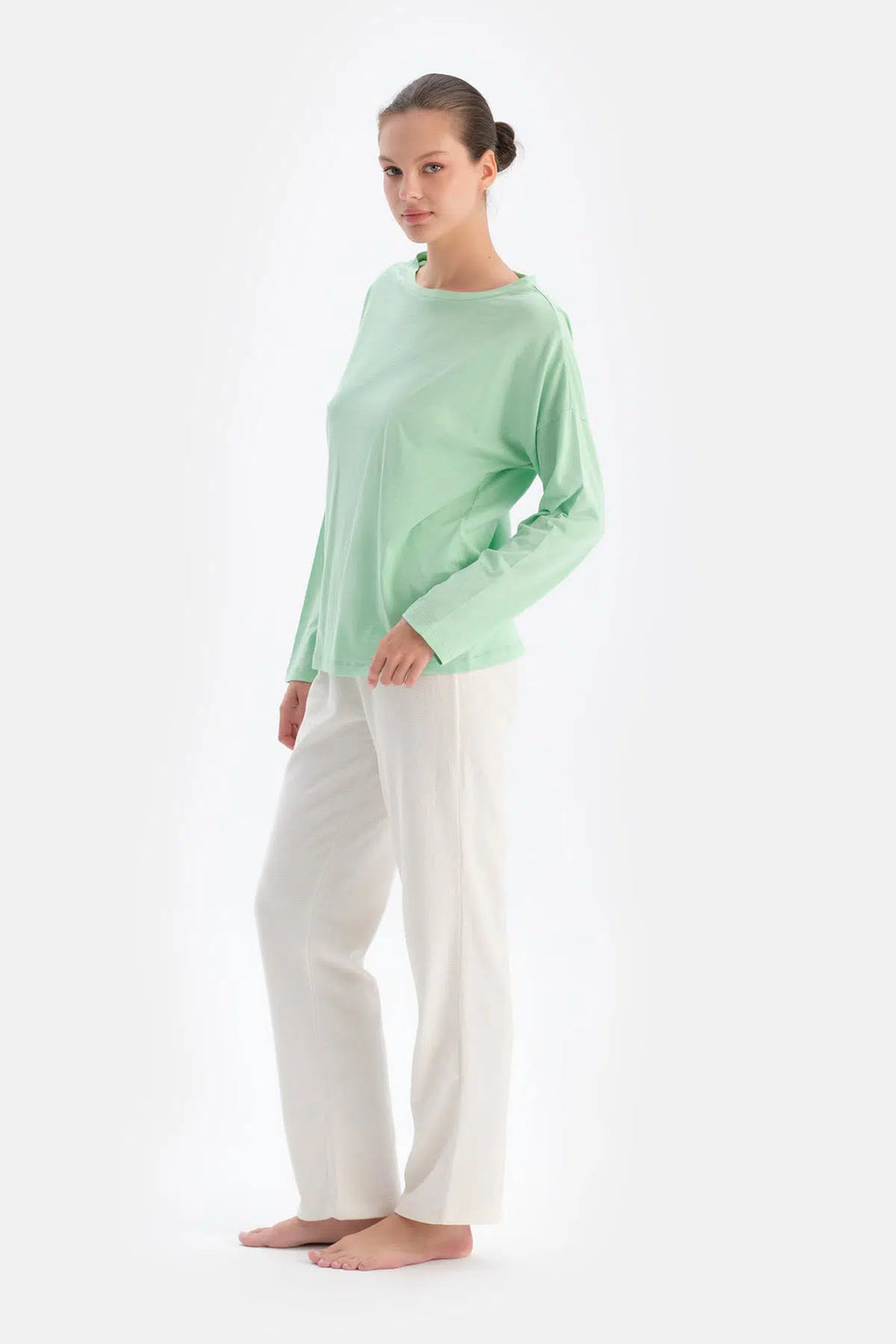 Yeşil Kadın Bisiklet Yaka Pijama Üstü