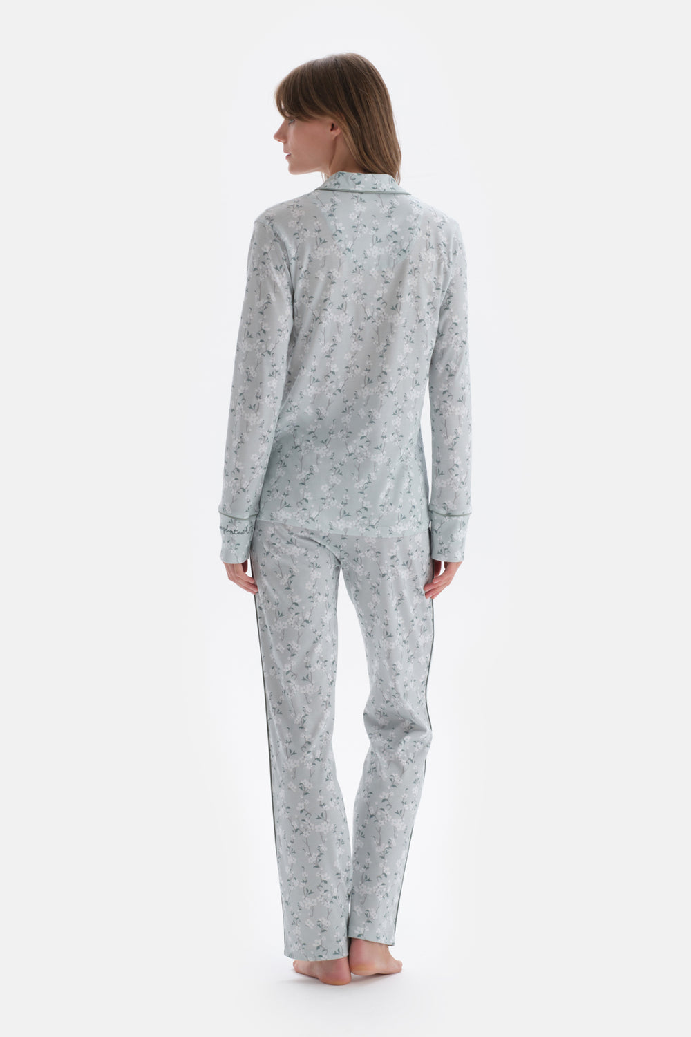 Turkuaz Gömlek Yaka Çiçek Desenli Örme Pijama Takımı