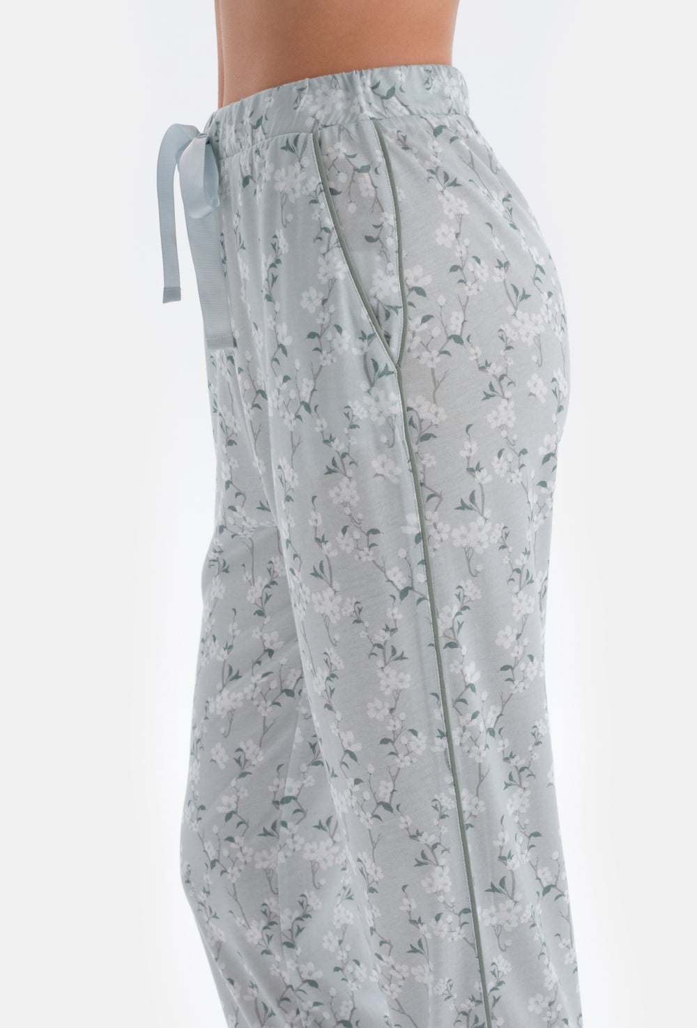 Turkuaz Gömlek Yaka Çiçek Desenli Örme Pijama Takımı