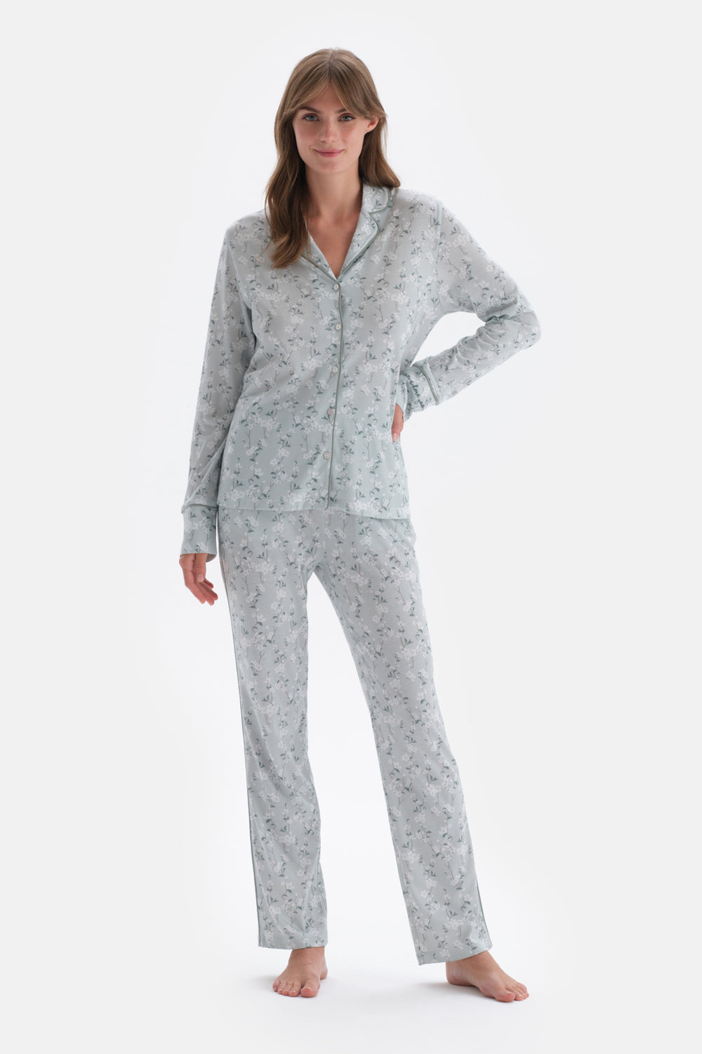 Turkuaz Gömlek Yaka Çiçek Desenli Örme Pijama Takımı