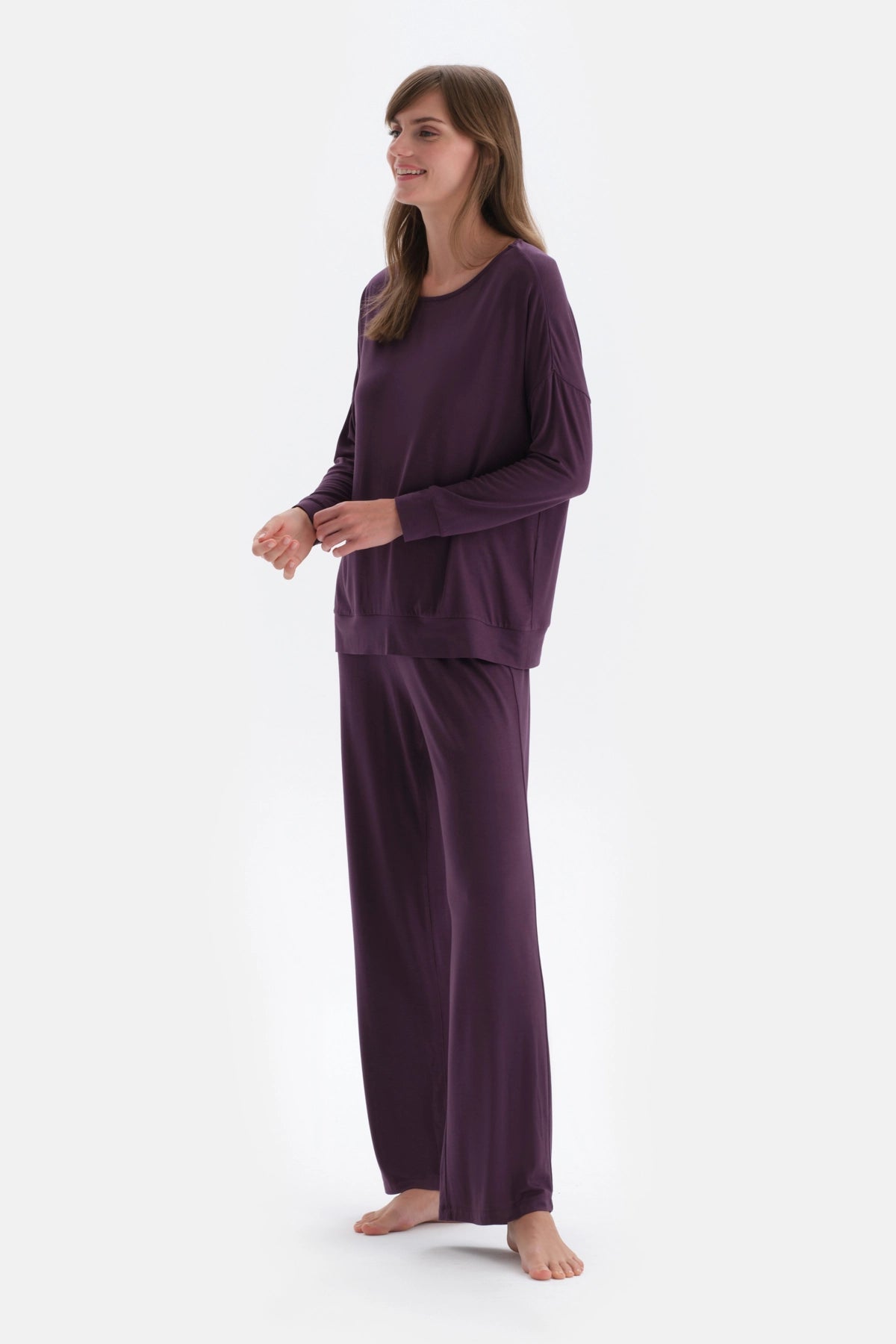 Mor Kayık Yaka Uzun Kollu Penye Modal Örme Pijama Takımı