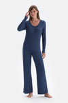 Indigo Ribli Kaşkorse Yuvarlak Yaka Örme Pijama Takımı