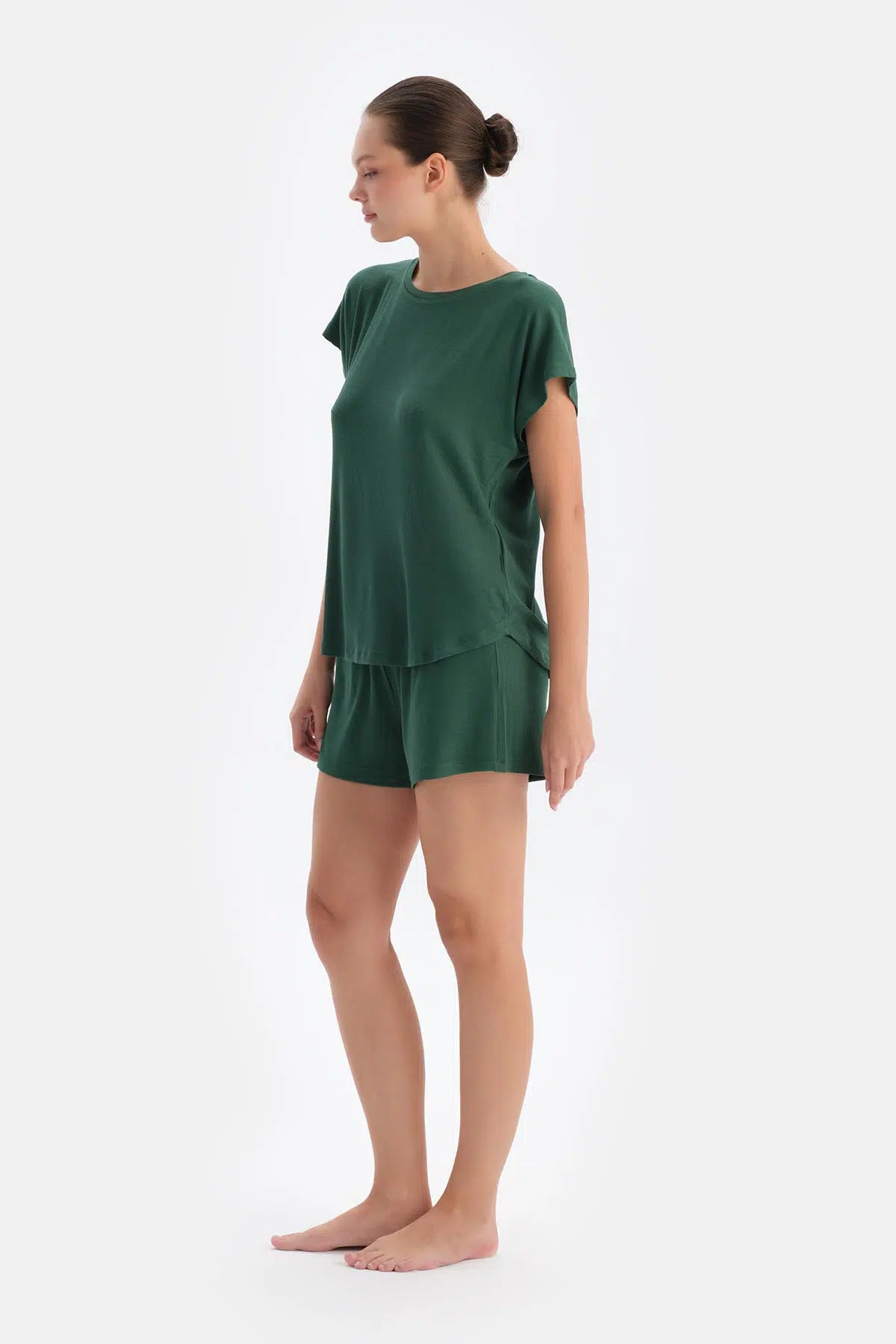 Koyu Yeşil Düşük Kol Şortlu Pijama Takımı