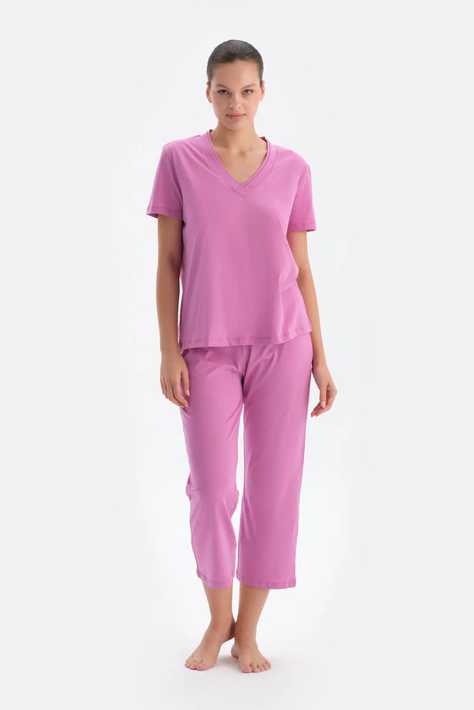 Fuşya Kadın V Yaka Pijama Takımı