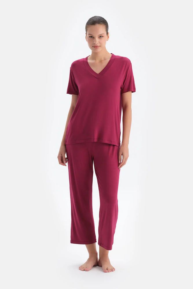 Bordo Kadın V Yaka Pijama Takımı