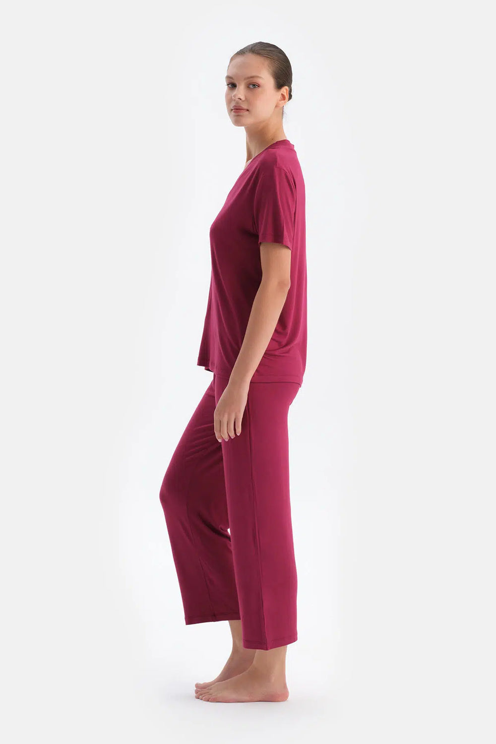 Bordo Kadın V Yaka Pijama Takımı