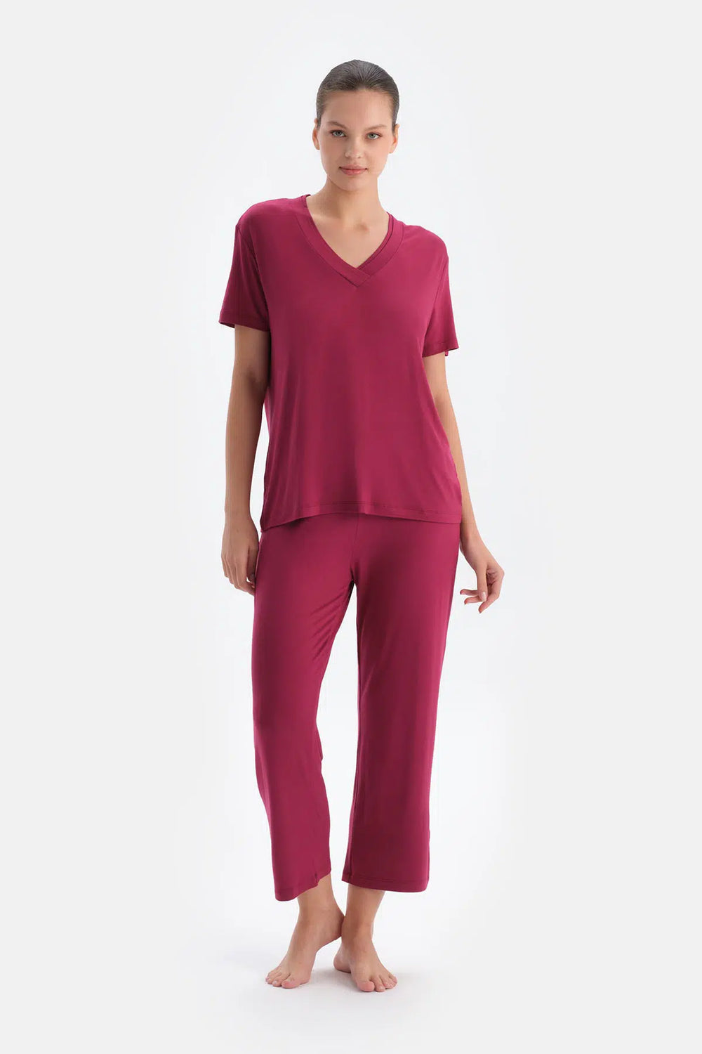 Bordo Kadın V Yaka Pijama Takımı