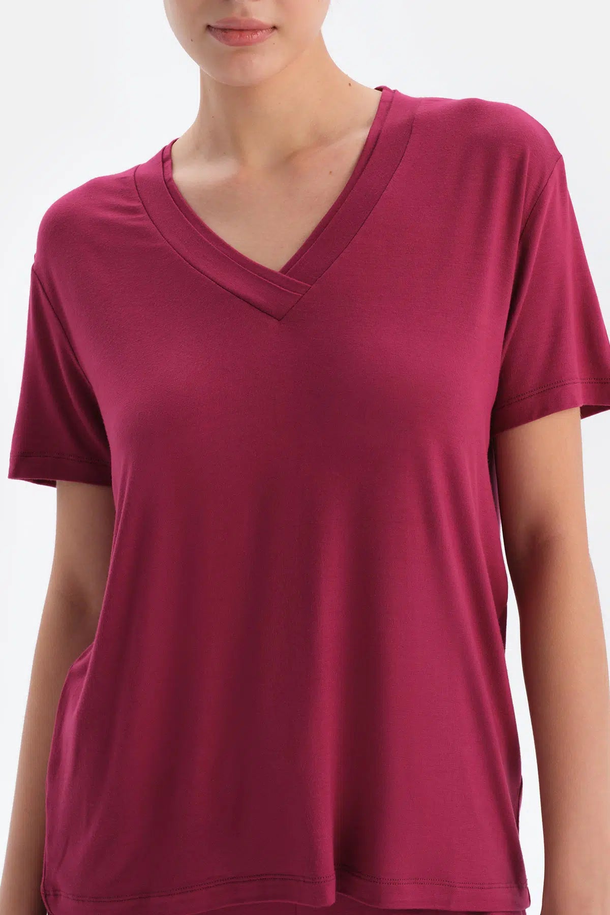 Bordo Kadın V Yaka Pijama Takımı