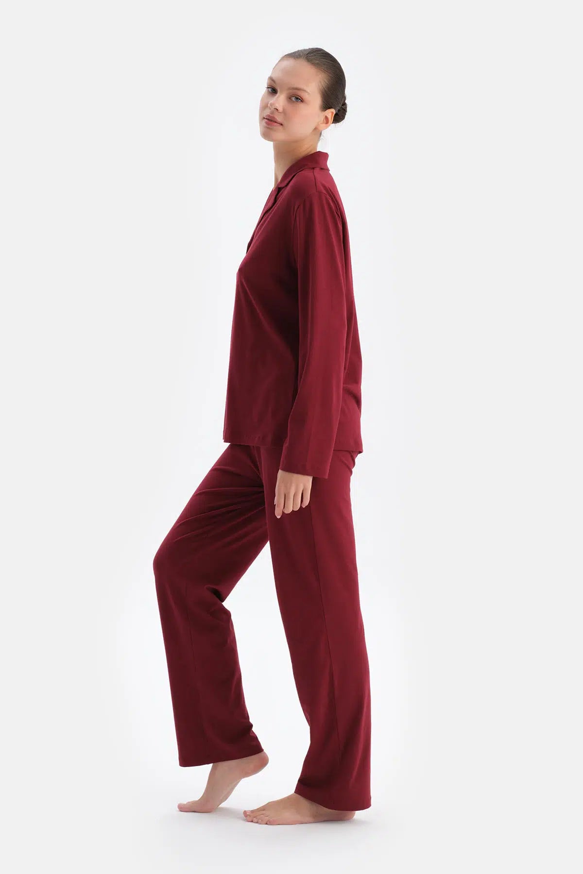 Bordo Kadın Gömlek Pijama Takımı