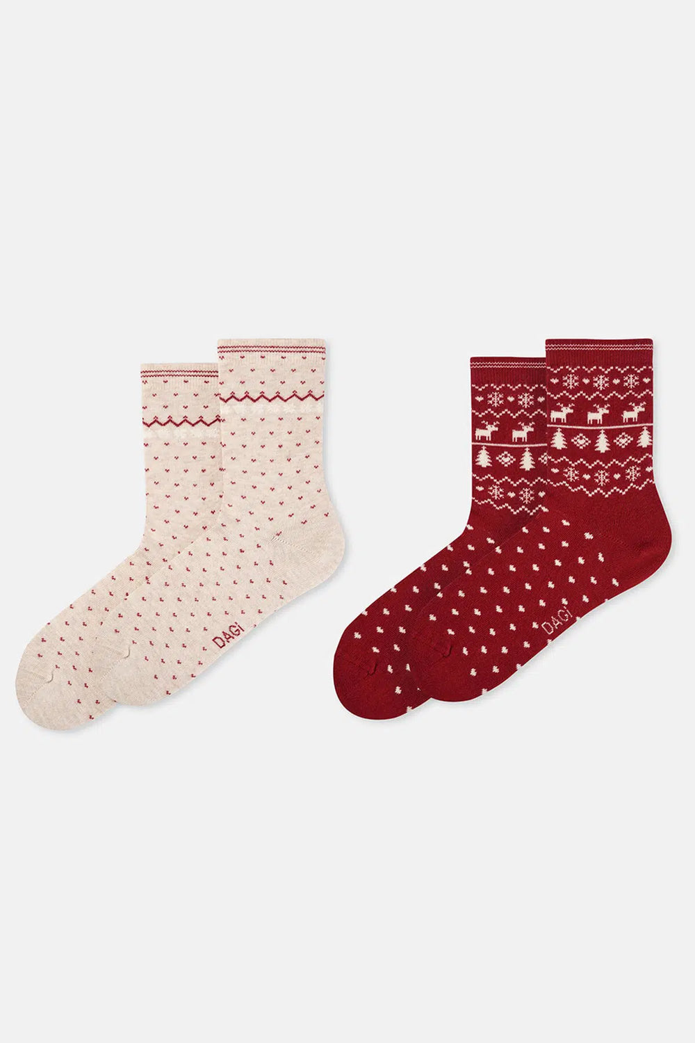Bej-Kırmızı Kadın 2'li Yılbaşı Desenli Çorap