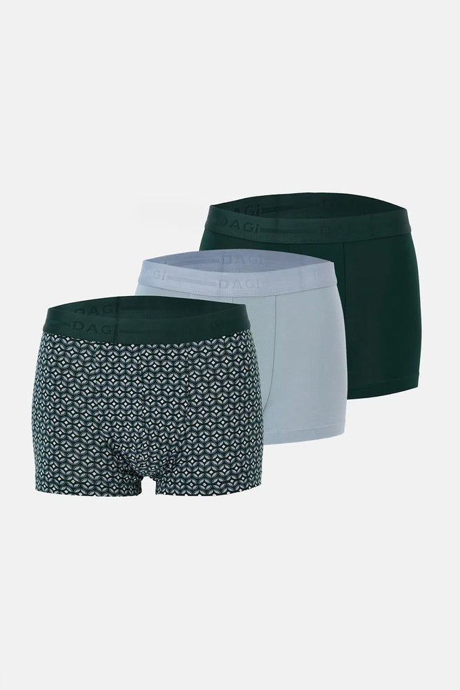 Açık Mavi-Koyu Yeşil 3'lü Desenli Pamuk Boxer