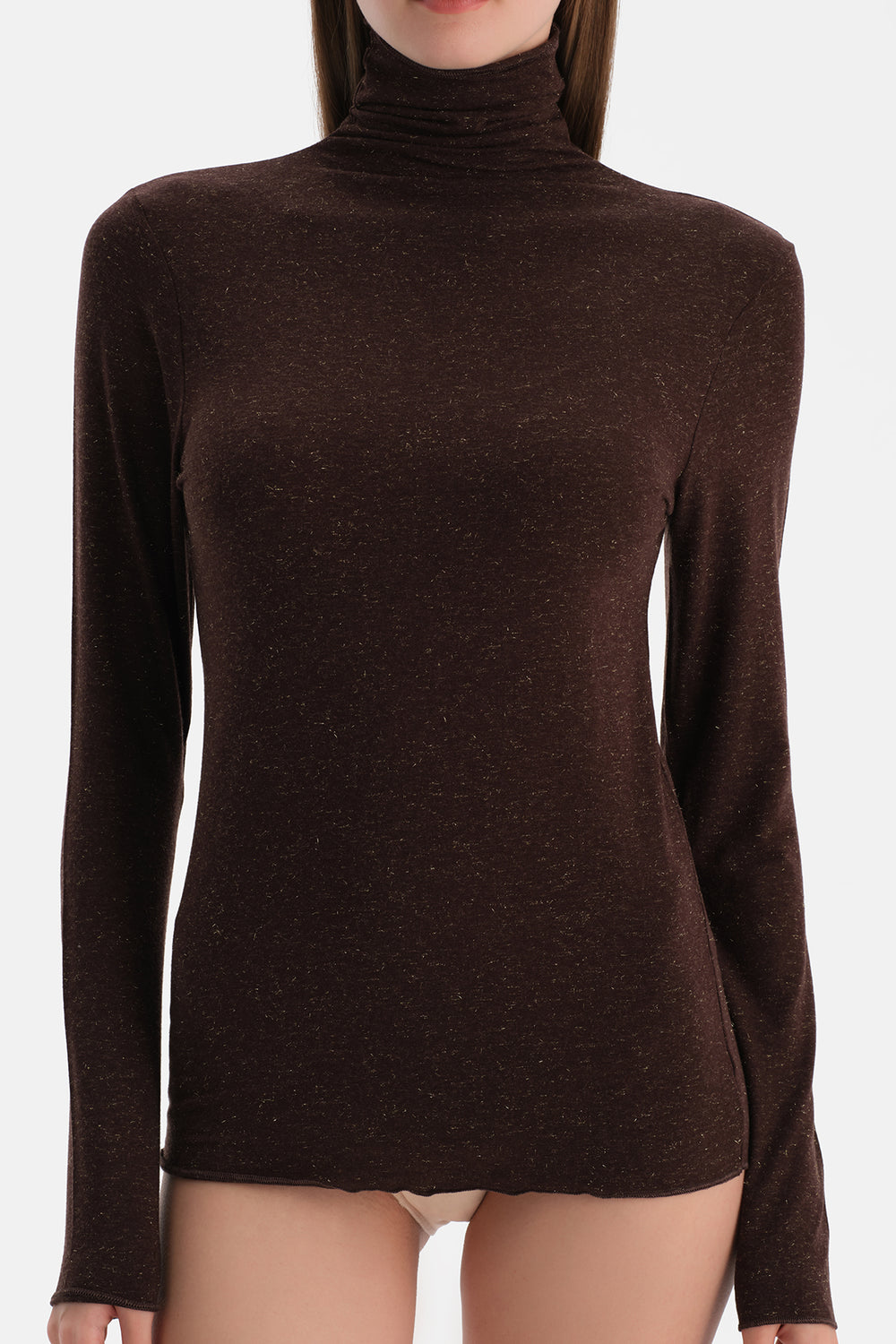 Koyu Kahve Lureks Modal Kaşmir Boğazlı Uzun Kollu Üst