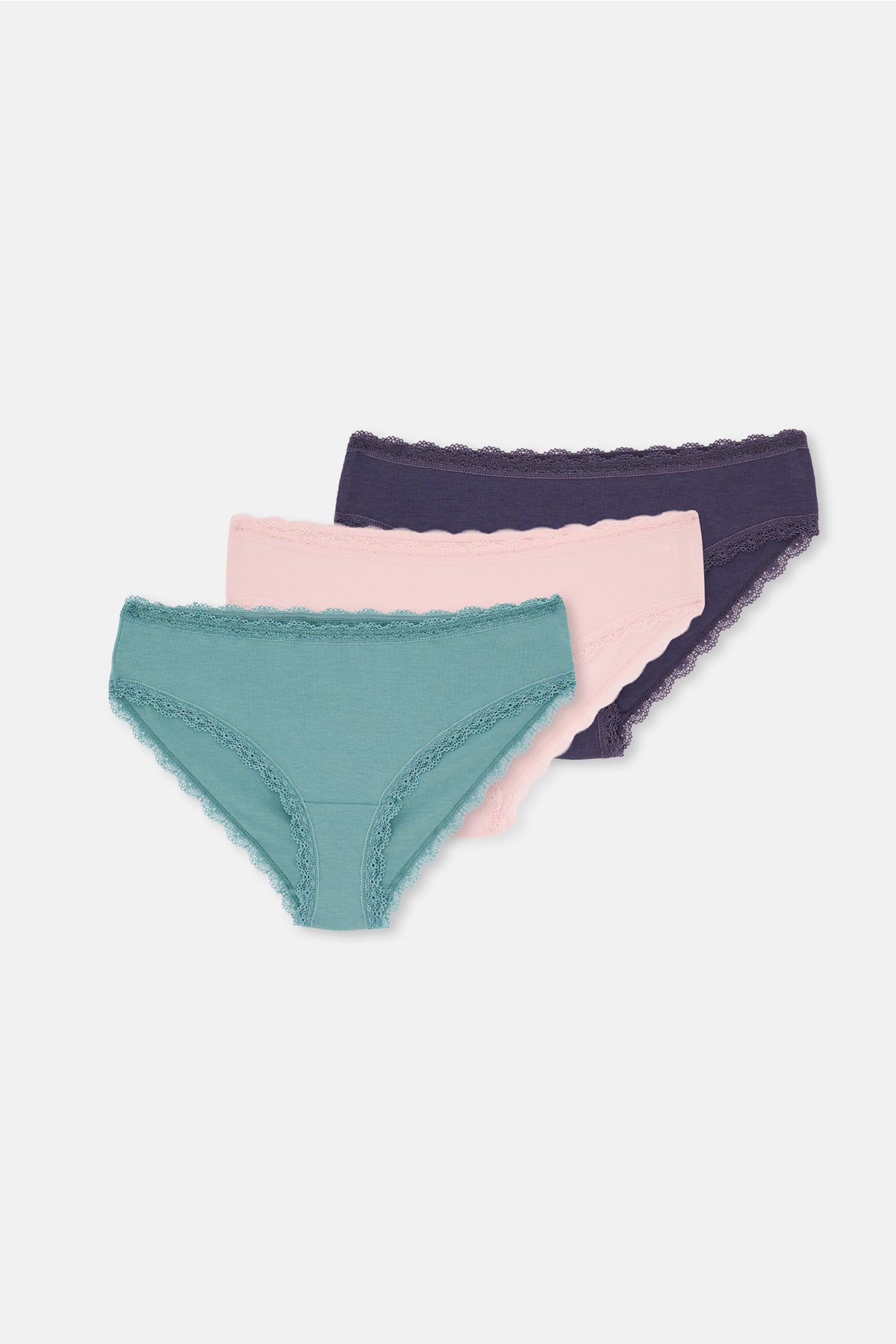 Mavi-Mint-Pudra Kadın 3'lü Dantel Detaylı Düz Hipster Külot