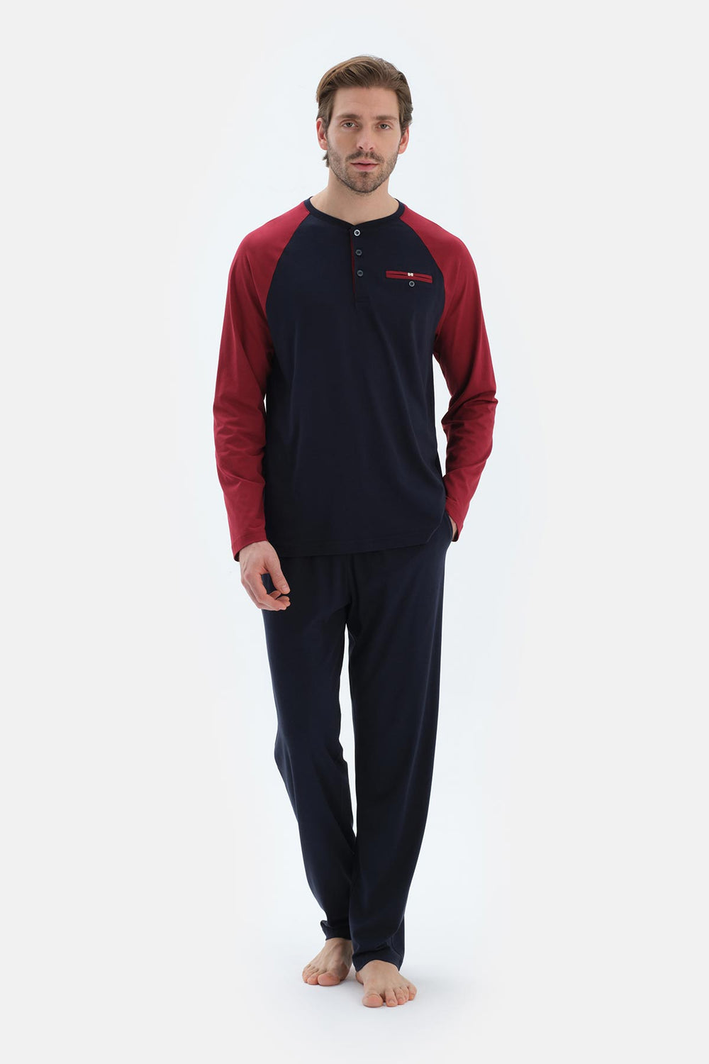 Lacivert Reglan Kol Garnili Pamuk Modal Pijama Takımı