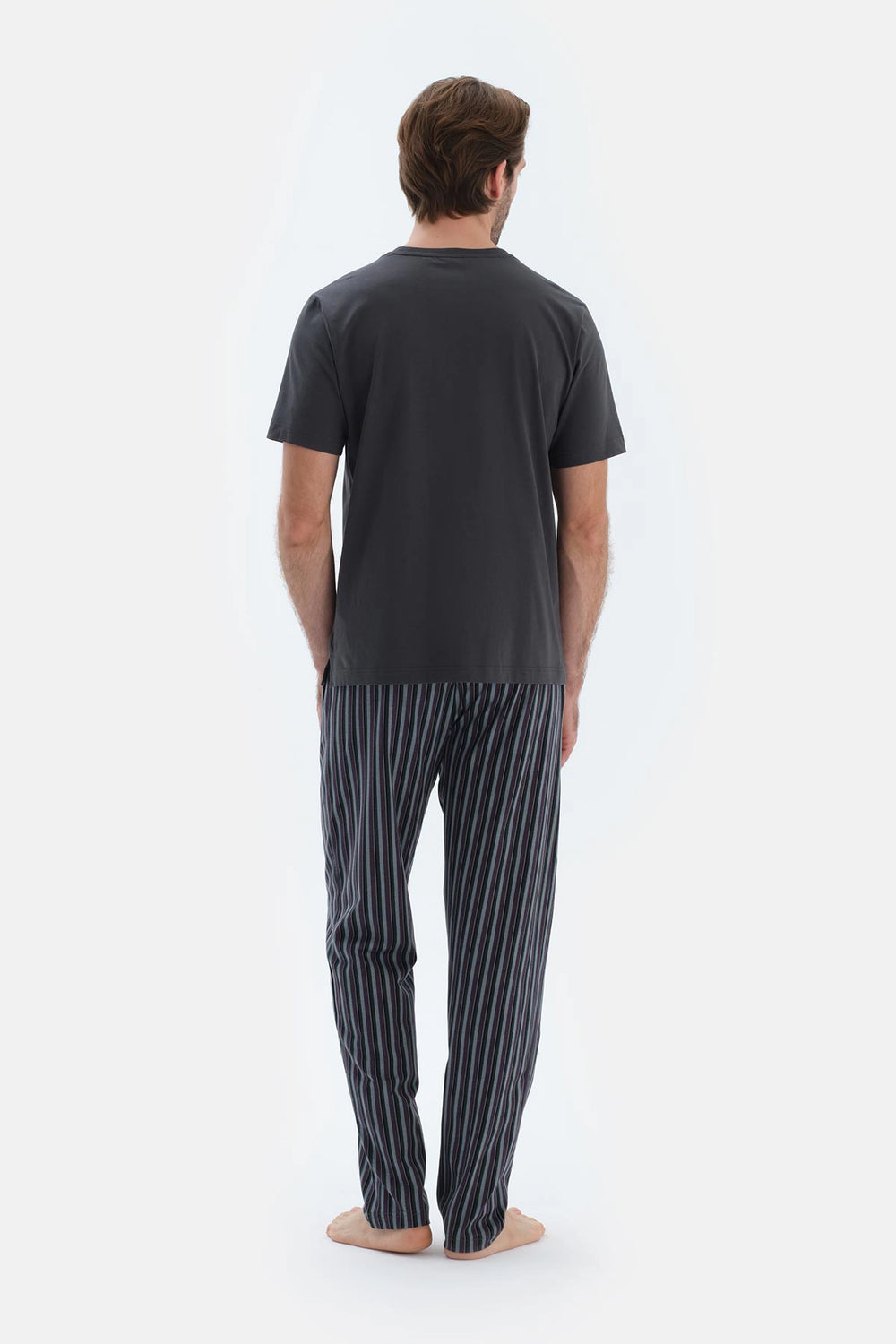 Füme Kısa Kollu Bisiklet Yaka Altı Çizgi Metraj Baskılı Pijama Takımı