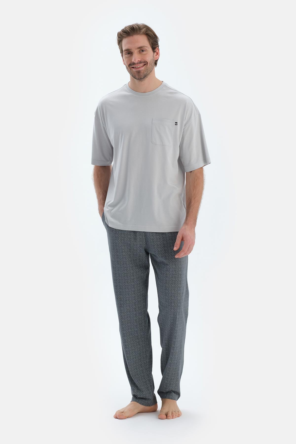Gri Bisiklet Yaka Oversıze Üstlü Pamuk Modal Pijama Takımı