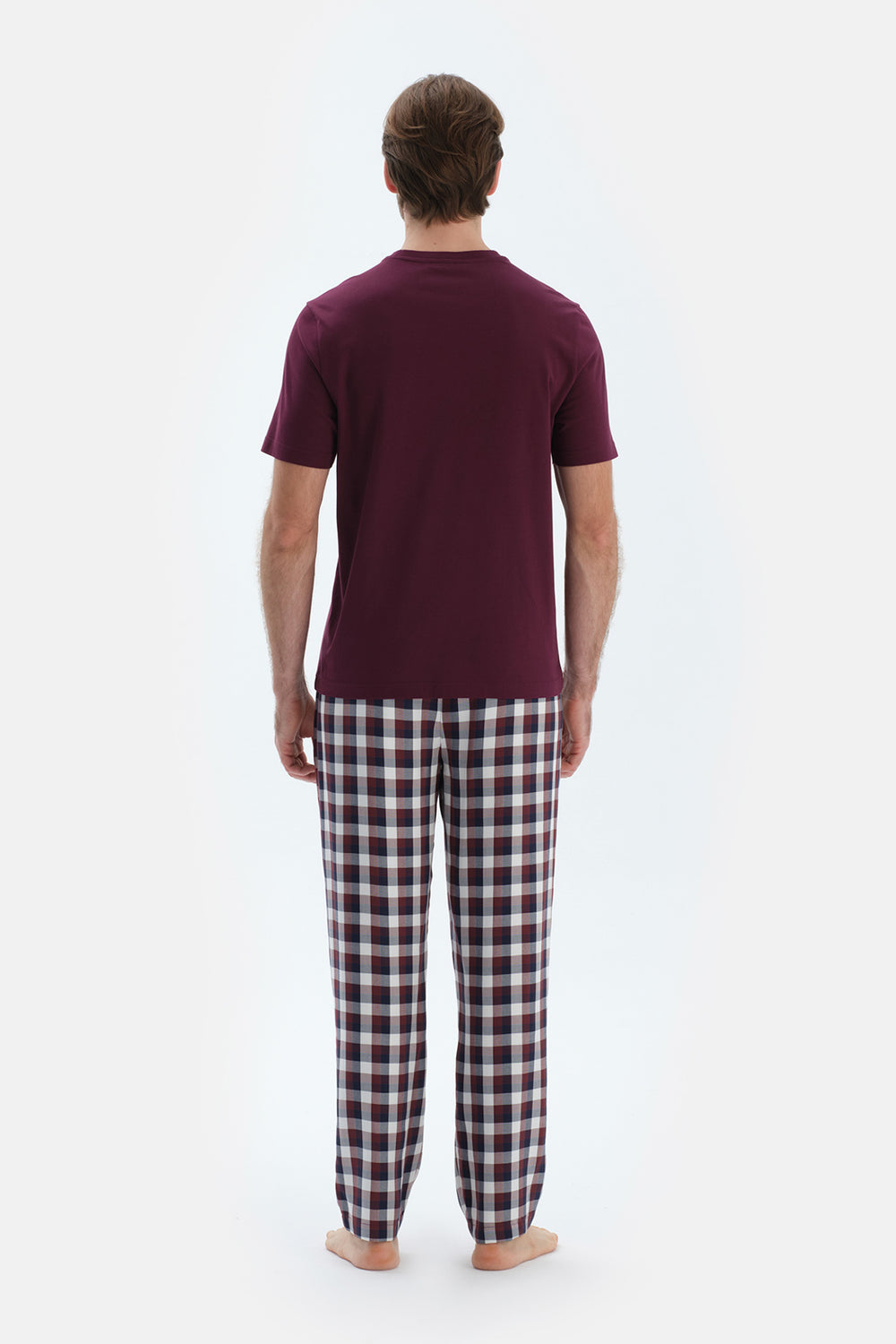 Bordo Kısa Kollu Tişört Ekoseli Pantolon Pijama Takımı