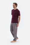 Bordo Kısa Kollu Tişört Ekoseli Pantolon Pijama Takımı