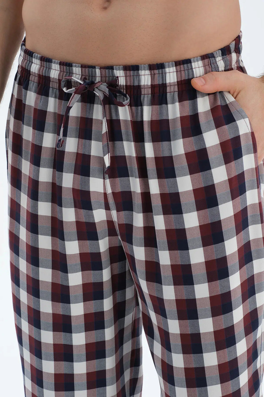 Bordo Kısa Kollu Tişört Ekoseli Pantolon Pijama Takımı