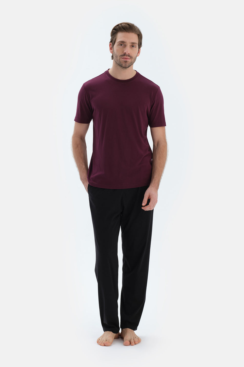 Bordo Bisiklet Yaka Kısa Kollu Tişört Pantolon Pijama Takımı