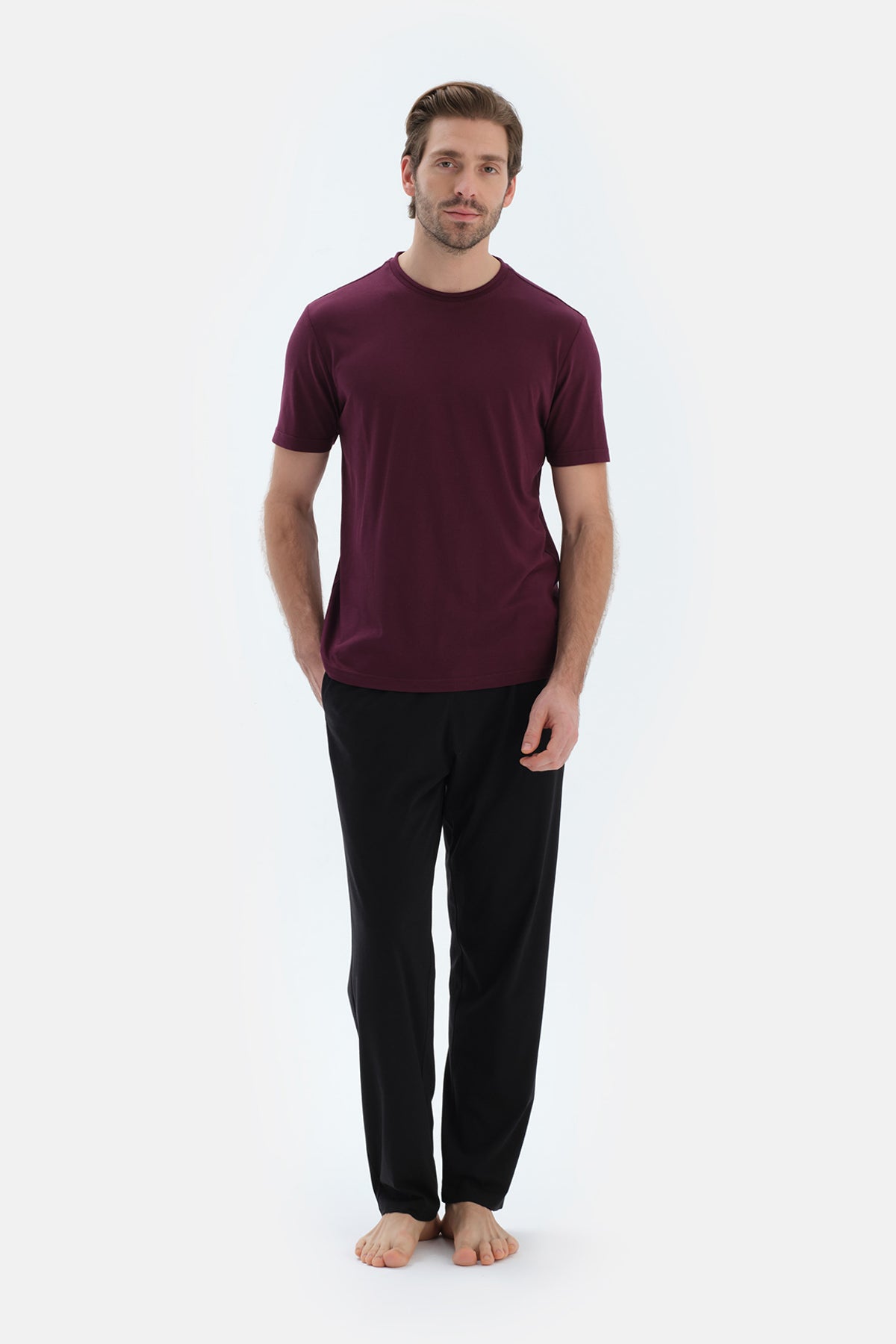 Bordo Bisiklet Yaka Kısa Kollu Tişört Pantolon Pijama Takımı