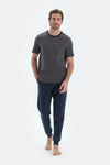 Antrasıt Kısa Kollu Dokuma Etiket Detaylı Tişört Pantolon Pijama Takımı